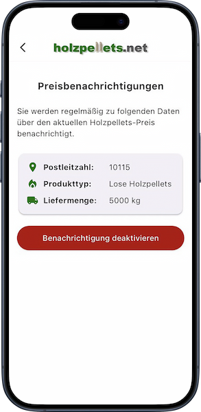 iPhone mit personalisierter Preisbenachrichtigung in der Holzpellets.net App