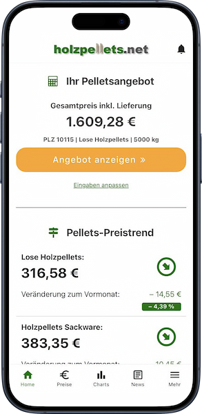 iPhone mit Startseite der Holzpellets.net App mit personalisiertem Angebot