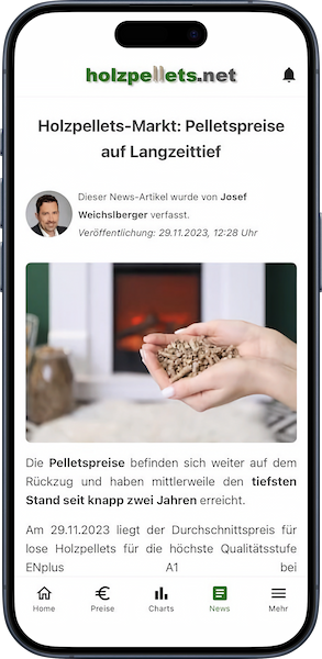 iPhone mit Pelletsnews-Seite in der Holzpellets.net App