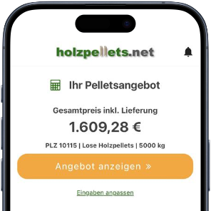 iPhone mit Startseite der Holzpellets.net App mit persönlichem Angebot